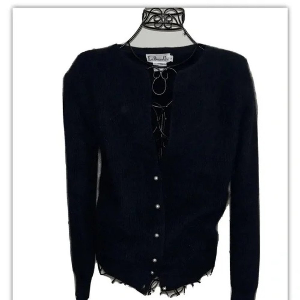 Vintage La Bonne Vie Lambswool& Rabbit Hair Pearl Button Black Cardigan, Size S
